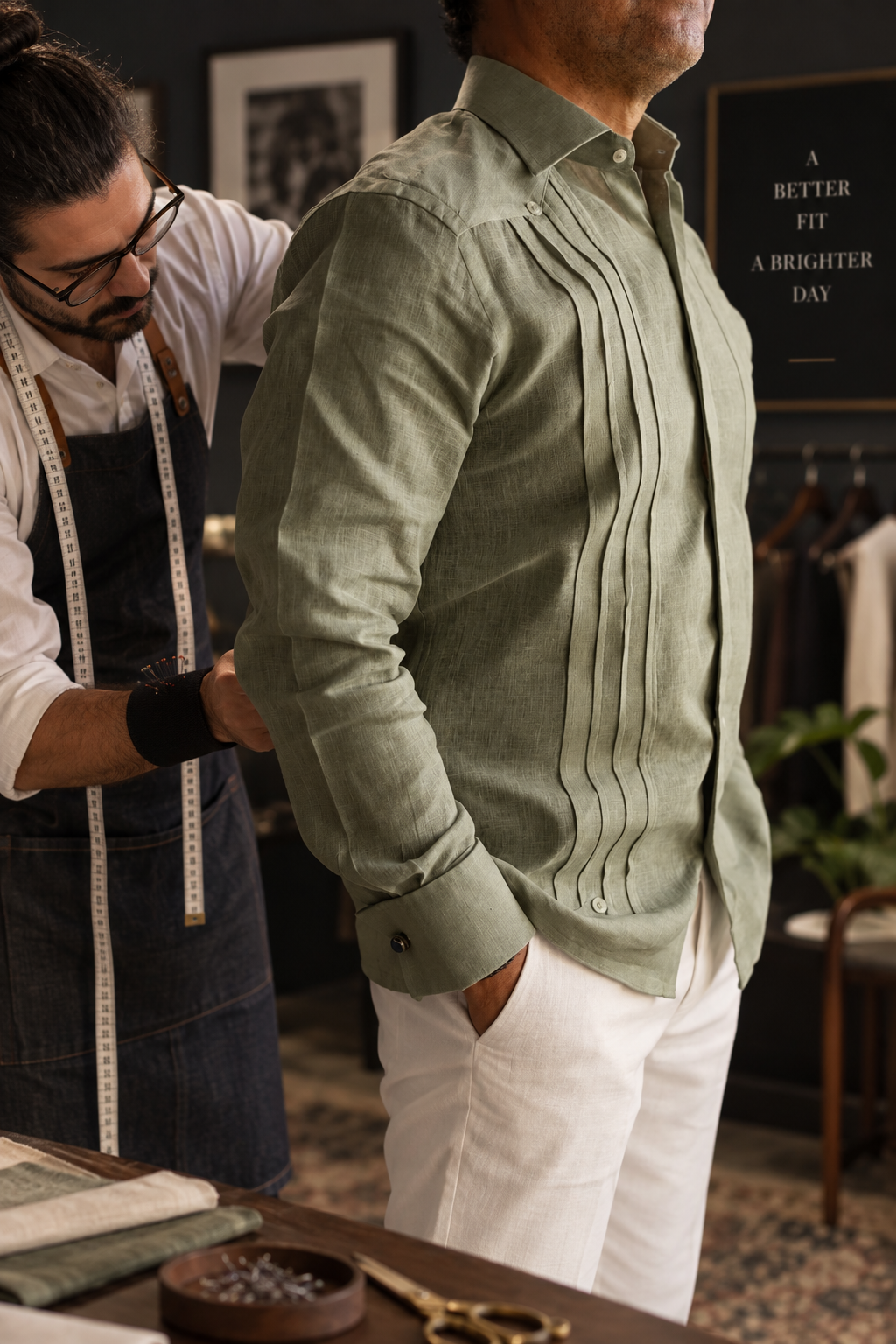 Cliente con saco y camisa hechos a la medida